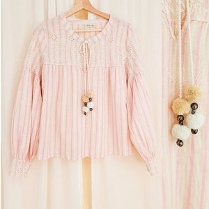 LoveShackFancy Eyelet Striped Pom Pom Prairie Blouse